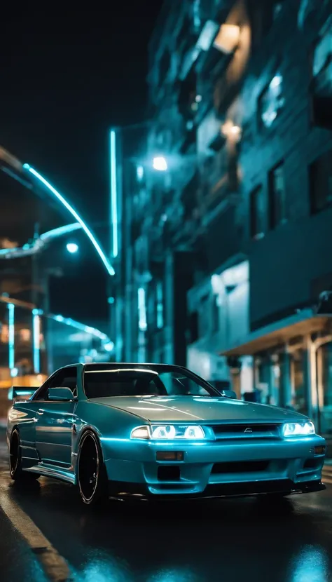 A 1999 Nissan Silver R33 lowered wide body,  car body molded as if it was in the movie Tron legacy, Blue LED strips light up all the body lines of the car, night city background, motion blur, a close up of a car with a glowing blue stripe on the hood, tron...