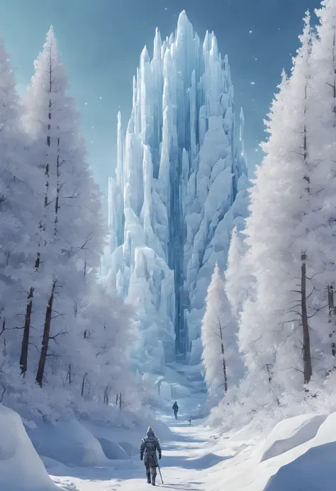 arte conceitual de inverno, snow and ice forest，each branch is covered with sparkling ice crystals，they resemble countless diamo...