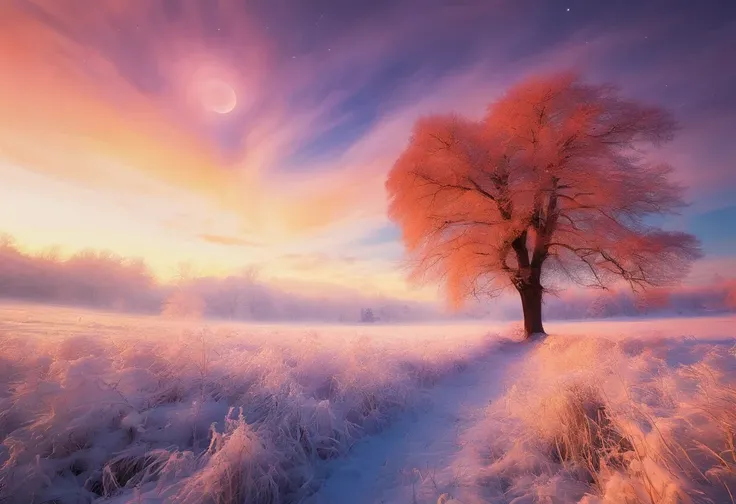 at winter season，Oyuki，snow landscape，The tree，（（（Rime））），the setting sun，thin fog，Dingdall effect，super-fine，tmasterpiece，8K，depth of fields，ultra - detailed，Meticulous portrayal，Ultra photo realsisim，Hyper-realistic