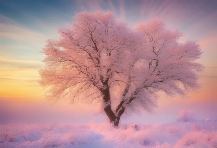 at winter season，Oyuki，snow landscape，The tree，（（（Rime））），the setting sun，thin fog，Dingdall effect，super-fine，tmasterpiece，8K，depth of fields，ultra - detailed，Meticulous portrayal，Ultra photo realsisim，Hyper-realistic