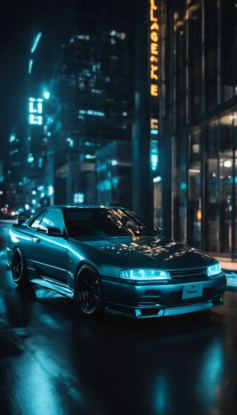 A 1999 Nissan Silver R33 lowered wide body,  car body molded as if it was in the movie Tron legacy, Blue LED strips light up all the body lines of the car, night city background, motion blur, a close up of a car with a glowing blue stripe on the hood, tron...