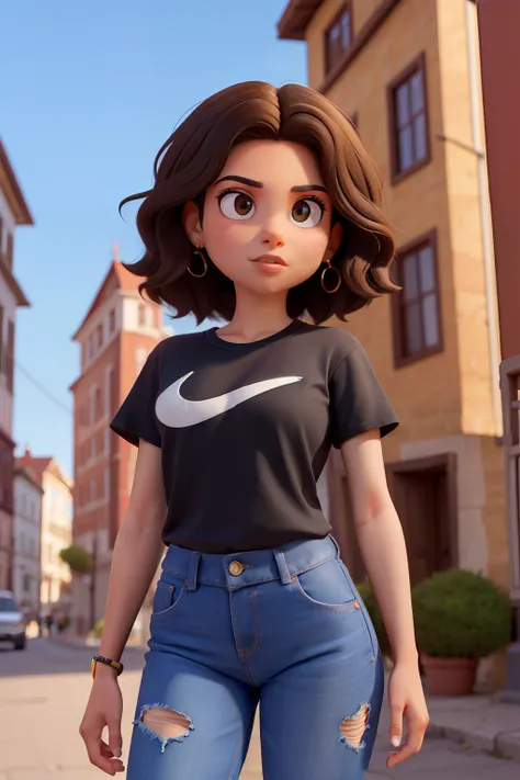 Um mulher morena baixinha tenho 1,58 tall has short curly dark brown hair has light brown eyes has tattoo is wearing a black t-shirt, black jeans, black Nike sneakers, brinco de aro Disney Pixar pratea