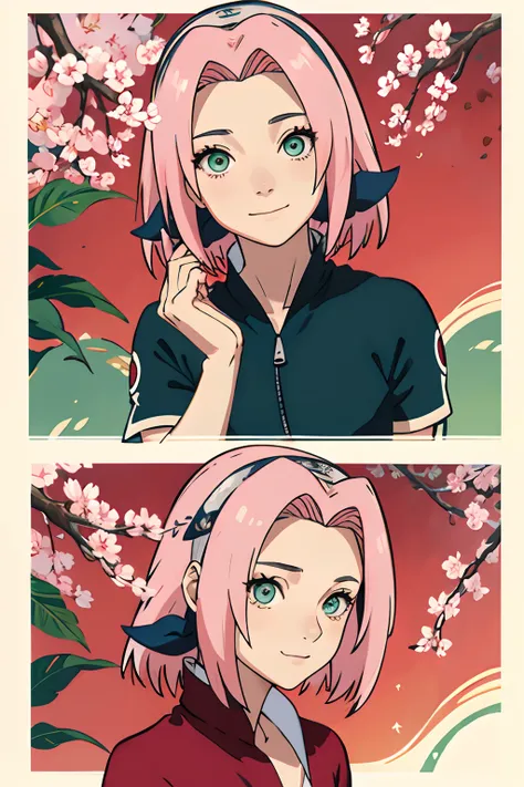 tmasterpiece， La mejor calidad en el mejor de los casos， 1girll， Sakura Haruno， senos grandes，Vestimenta fuera del hombro，（escote)，（Primer plano de la parte superior del cuerpo)，Criado sexy，is shy，smil，con cabello rosado， Pelo largo blanquecino， （Globos oc...