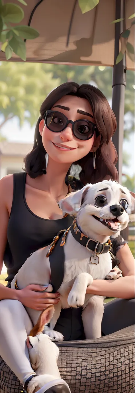 A woman wearing sunglasses wearing a black tank top with her dog on her lap