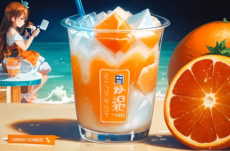 1cup, ((orange)), milk, fresh orange yakult, ice cube, summer theme