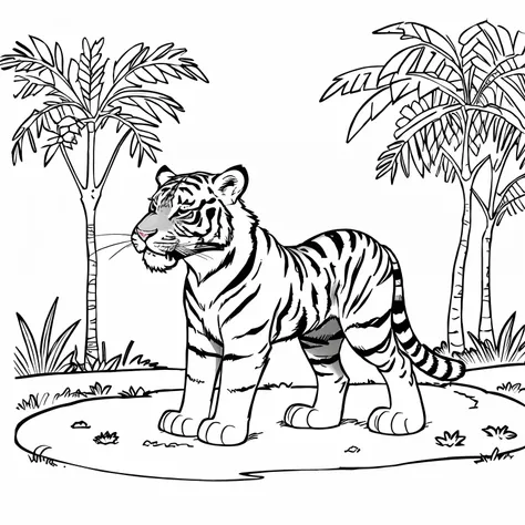 Coloring Page for kids tiger in a jungle cartoon style tick line low detail no sheding