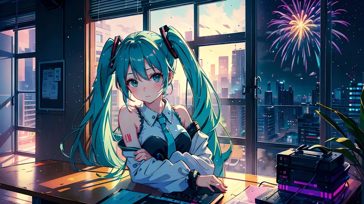 cute female child　Hatsune Miku hair color research　Cute face on the desk　Interior Large floor-to-ceiling windows　natta　Gloomy fireworks