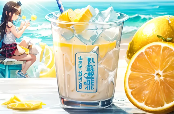 1cup, yellow, ((lemon)), milk, fresh lemon milkshake, ice cube, summer theme