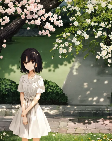 TAKEUCHI TAKASHI, 1girl, public_indecency, glowing_eyes, light_particles, looking_at_viewer, ((masterpiece,best quality)), blurry background, branch, dappled sunlight, flower,