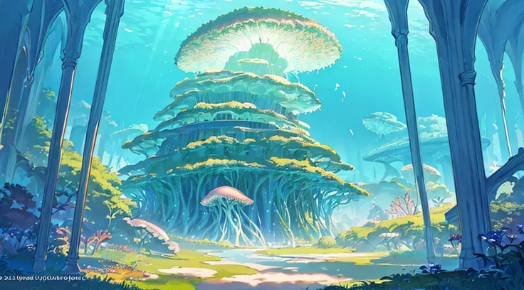 Masterpiece, High Quality, Ocean Forest, City, Fantastic Fantasy, Glowing Plants, Coral Viaduct, (Swarm of Glowing Jellyfish), (Shoal of Fish with Transparent Wings Flying in the Sky), Misty, Extreme Detail, Morning Light, Epic Composition, (Intricate Deta...