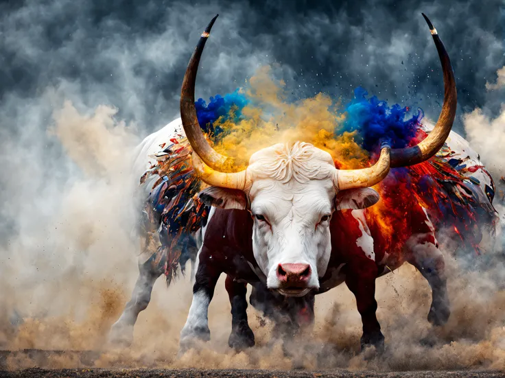 white aztec bull dissolving to red and blue smoke, fantasy, gold horns, rain and fire, white background, opened eyes, angry, portrait,