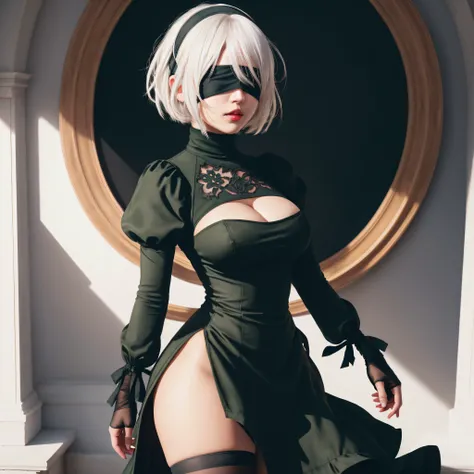 YoRHa2B,masterpiece, (photorealistic:1.4), best quality, beautiful lighting,1girl, wlop, ((blindfold)), breasts, cleavage, cleavage cutout, clothing cutout, green background, hair between eyes, hairband, highres, juliet sleeves, long sleeves, nier (series)...