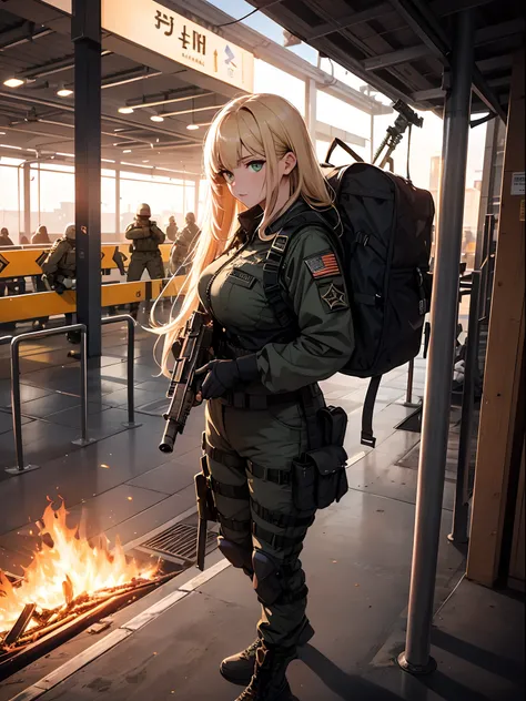 {{Masterpiece, top quality, highly detailed CG, 16K, movie lighting, lens flares}}, one girl of a special forces operative, (aiming a huge rifle), (wide view), thick body, Photorealistic: 1.4, long blonde hair, green eyes, aiming, ((Boarding gate of combat...