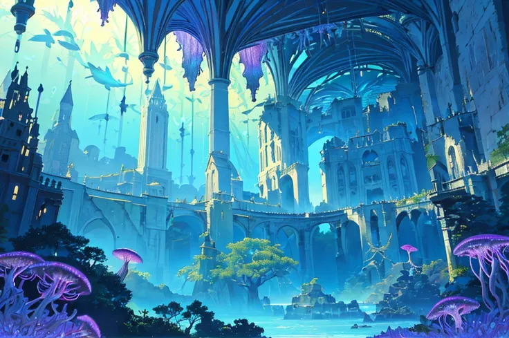 Masterpiece, High Quality, Ocean Forest, City, Fantastic Fantasy, Glowing Plants, Coral Viaduct, (Swarm of Glowing Jellyfish), (Shoal of Fish with Transparent Wings Flying in the Sky), Misty, Extreme Detail, Morning Light, Epic Composition, (Intricate Deta...