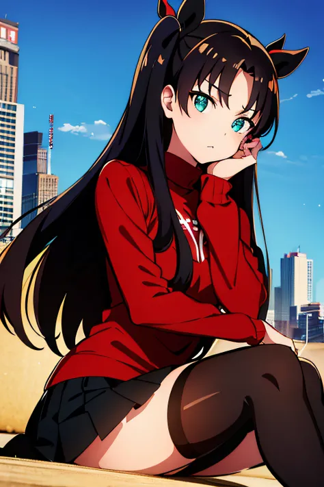 (masterpiece), best quality, expressive eyes, perfect face, 1girl, solo, rintohsaka, rin tohsaka, aqua eyes, black hair, hair ribbon, long hair, ribbon, sidelocks, two side up, black skirt, black thighhighs, long sleeves, miniskirt, pleated skirt, ((red sw...