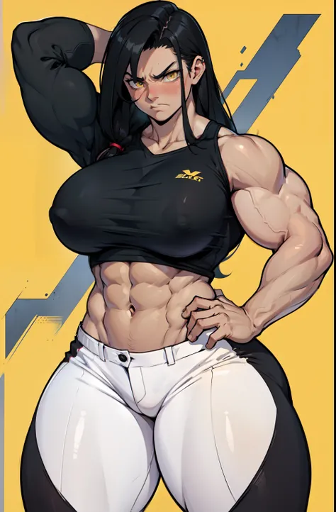 ((1 girl)), extremely long hair, solo, ((muscular)), veins, black hair, yellow eyes, blushing, (thick thighs), pale skin, strong, veins, abs, big thighs, (huge breasts), navel, standing, angry, tight pants, tight shirt