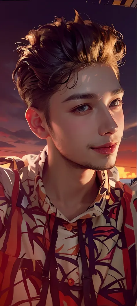 1boy, fisheye, selfie, wind, messy hair, sunset, cityscape, (aesthetics and atmosphere:1.2),smiling