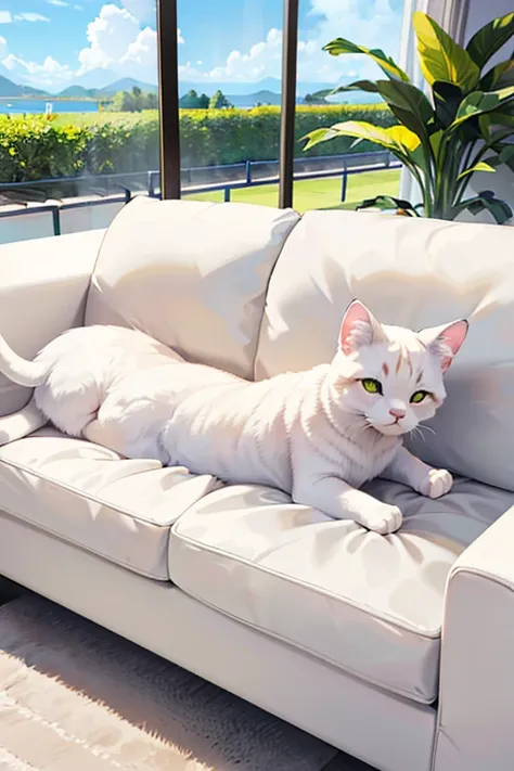 Um gato bonito de olhos redondos, Lie back on a white sofa chair, Sopre o ventilador.Luz solar fora da janela.