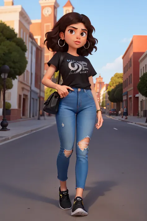 Um mulher morena baixinha tenho 1,58 tall has short curly dark brown hair has light brown eyes has tattoo is wearing a black t-shirt, black jeans, black Nike sneakers, silver Disney Pixar hoop earring a beautiful day of Heaven