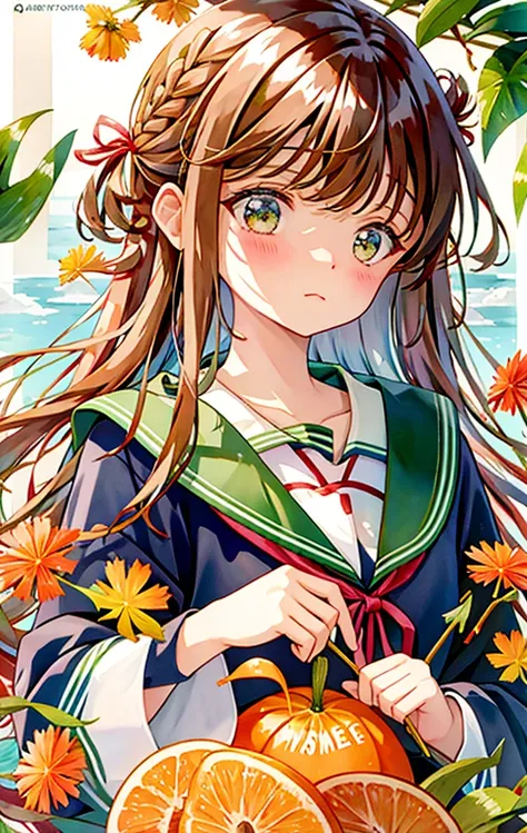 1girl, acorn, aki_shizuha, anger_vein, autumn, autumn_leaves, bangs, blush, braid, branch, brown_eyes, brown_hair, closed_mouth, daisy, dragonfly, eyebrows_visible_through_hair, falling_leaves, flower, ginkgo_leaf, green_eyes, grey_sailor_collar, hair_orna...