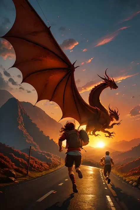 um adolescente moreno, alto, com olhos marrons claros, cabelo castanho ondulado grande em cima e dos lados, running towards sunset, along with his dragon flying on top of him (The dragon is reddish with shiny gold-like scales). Theyre both on the street, w...