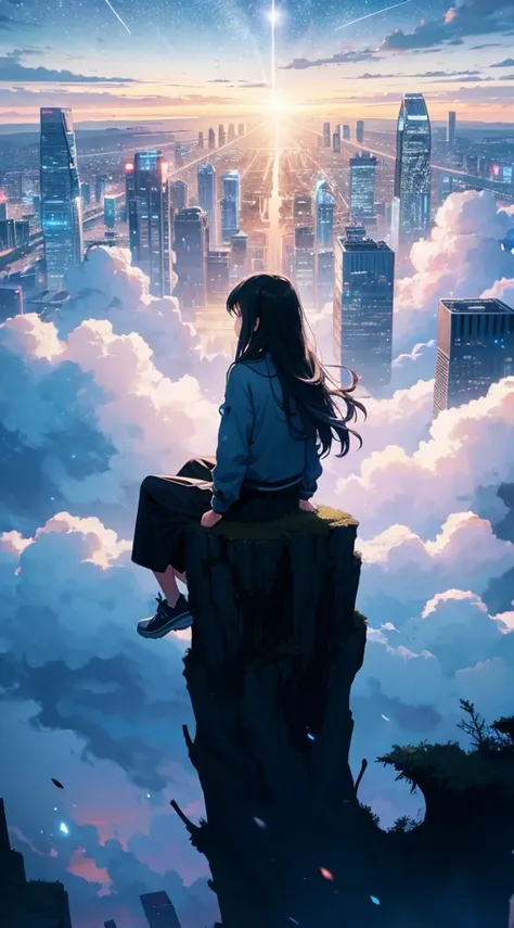 octans, sky, star (sky), scenery, starry sky, night, 1girl, night sky, solo, outdoors, building, cloud, milky way, sitting, tree, long hair, city, silhouette, cityscape