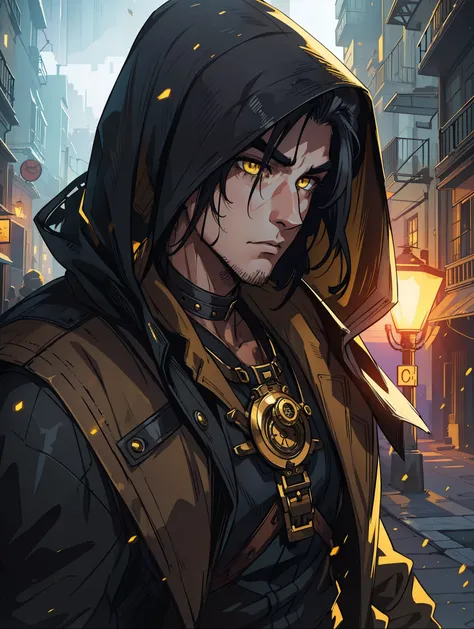 1 Handsome 26-year-old man shaved his hair on the side Exposed arms Steampunk Tattuagens Intense yellow eyes with a look of mystery An art for an RPG A non-human night background of the city ((Very detailed strokes)) ((melhor qualidade))