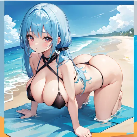 Beach，Show off your big ass to the camera，1 persons，Lolita Face，large full breasts，brue eyes，Light Blue Border Micro Bikini，low angles，Embarrassment，Looks Back，poneyTail，all-fours，