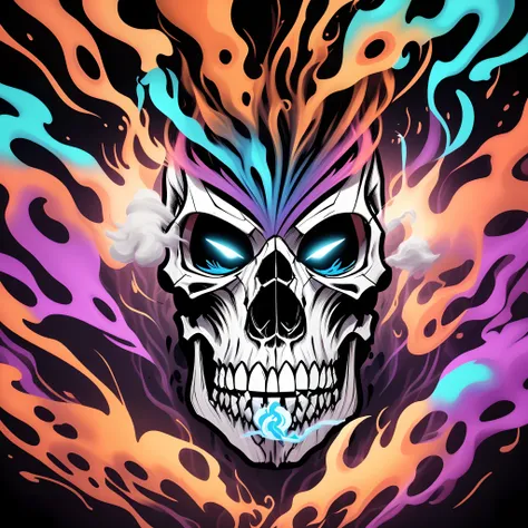 Skulls and smoke. Psychedelics A cool vector  design in the Creative design style  bright and vibrant colors, appropriate to the scene, dynamic design, stickers, strong lines, White background transparent , Print-ready, high-quality, highly detailed, 4K re...