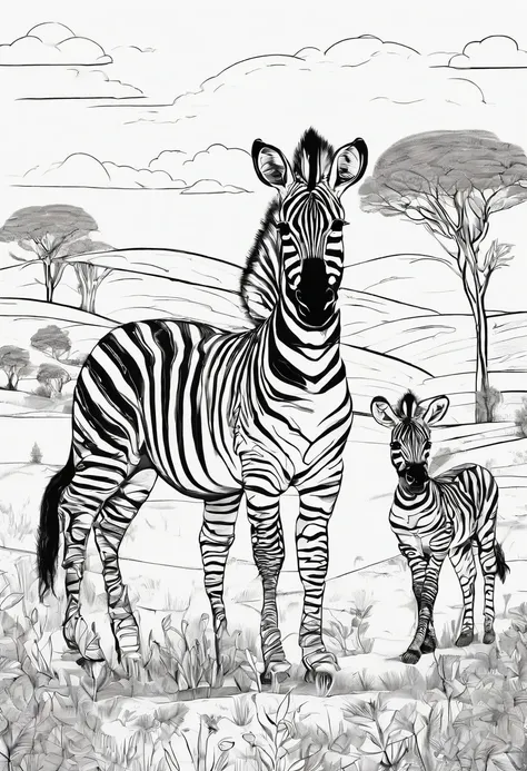 baby zebra in the savanna with its mom, simple, cartoon style, thick lines, high quality, no shading, black and white