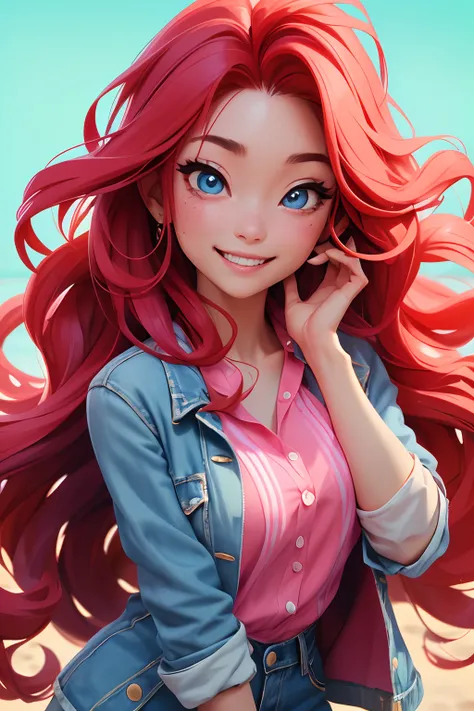 A Japanese woman, with long red wavy hair, vibrant blue eyes with a pink blouse and a denim jacket, she is smiling (melhor qualidade, super detalhado, 4k)