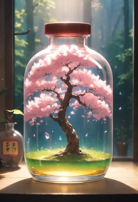 sakura tree in a bottle, fluffy, realistic, atmospheric light refraction, by lee jeffries nikon d850 film stock photograph 4 kodak portra 400 camera f1.6 lens rich colors hyper realistic lifelike texture dramatic lighting unreal engine trending on artstati...