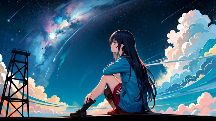 octans, sky, star (sky), scenery, starry sky, night, 1girl, night sky, solo, outdoors, building, cloud, milky way, sitting, tree, long hair, city, silhouette, cityscape