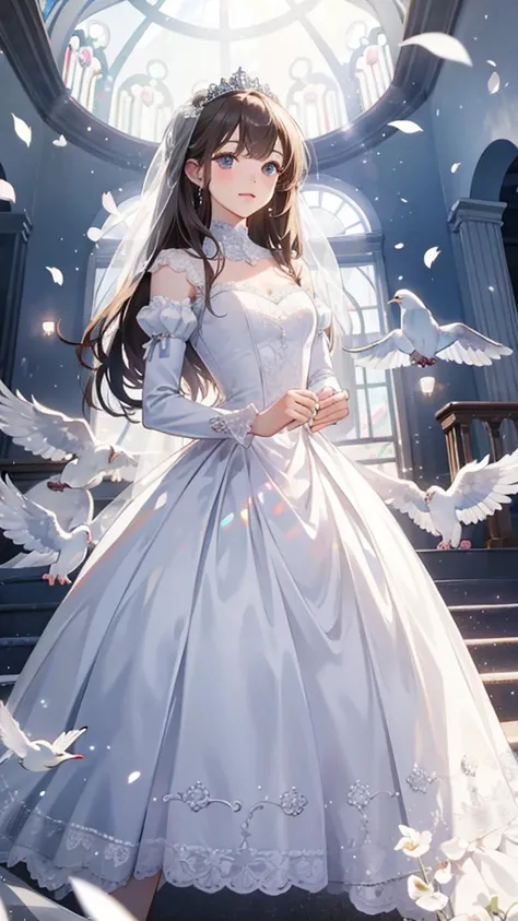 ((best quality)), ((masterpiece))  WEDDING PRINCESS DRESS, light ray, lens flare, white petals, doves