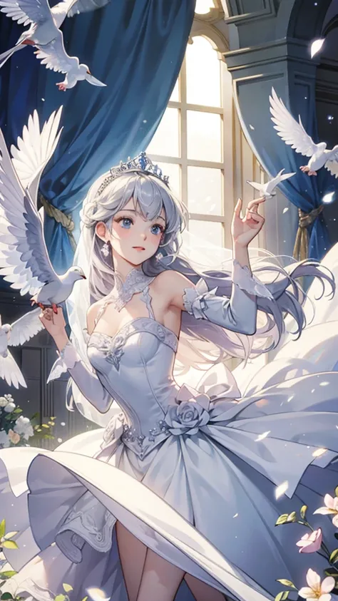 ((best quality)), ((masterpiece))  WEDDING PRINCESS DRESS, light ray, lens flare, white petals, doves