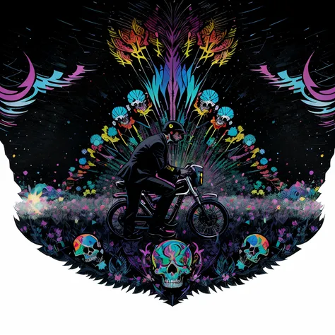 Skulls wearing black suits and ties riding on bikes going up a hill. Psychedelics A cool vector  design in the Creative design style  bright and vibrant colors, appropriate to the scene, dynamic design, stickers, strong lines, White background transparent ...