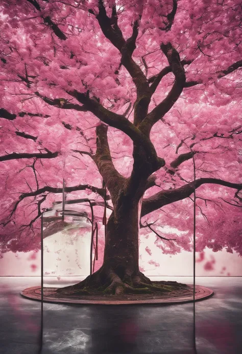 sakura tree in a bottle, fluffy, realistic, atmospheric light refraction, by lee jeffries nikon d850 film stock photograph 4 kodak portra 400 camera f1.6 lens rich colors hyper realistic lifelike texture dramatic lighting unreal engine trending on artstati...