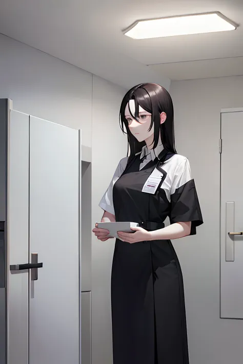 black hair, shoulder length hair, black eyes, pale skin, nursing doctor attire, neutral facial expression, standing in a morgue,...