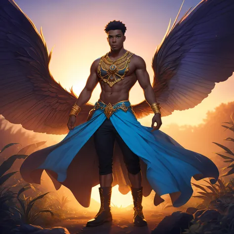 Cute male black man fairy with blue and orange details, large wings, forest in background, vibrant colors, full body, detailed face, detailed hands, detailed legs, detailed fingers, detailed hair, detailed eyes, detailed skin, lush vegetation blurred backg...