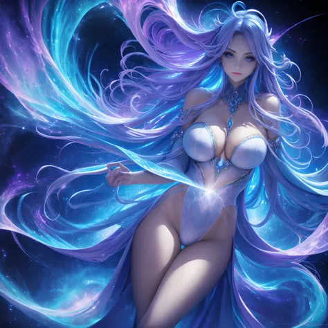 Envision an expansive astral plane, aglow with the soft luminescence of starry blues and purples, endlessly soaring upward. Central to this celestial scape is a woman of grandeur, with a luminous white body, exuding a sense of profound power and allure. Be...