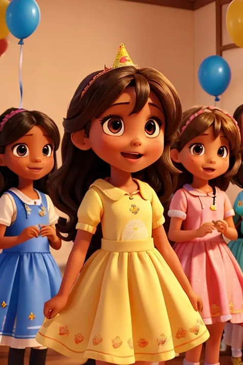 9 year old girl celebrating her birthday with her friends, morena, cabelos encaracolados e longos, vestido amarelo, sorridente, Along with your friends singing happy birthday