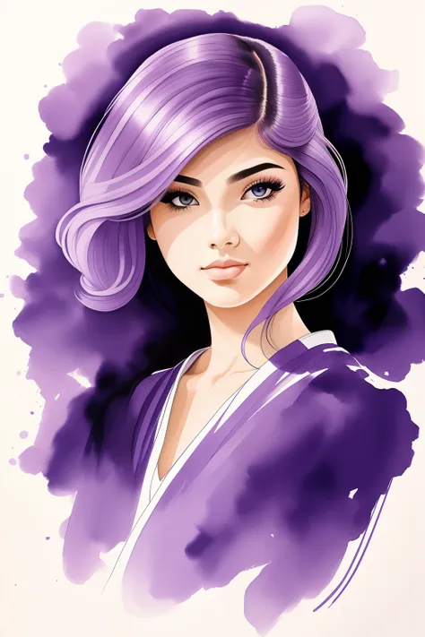 a girl, cabelo rosa ,Purple eyes, pintura a tinta tradicional chinesa