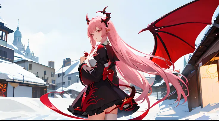 Red dragon horn，Anime Dragon Girl，Wearing lolita