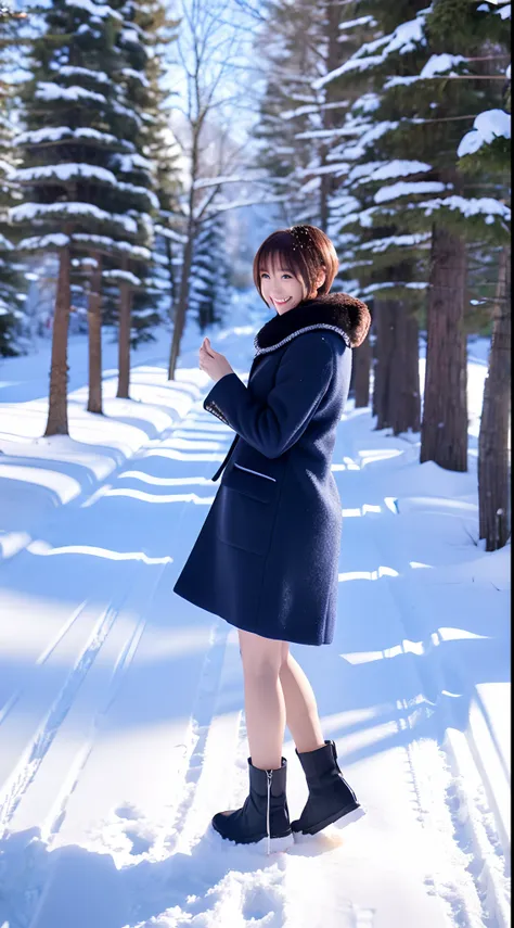 masutepiece、ultra-detailliert、Best Quality、Woman in long coat and miniskirt standing in the snow.、A smile