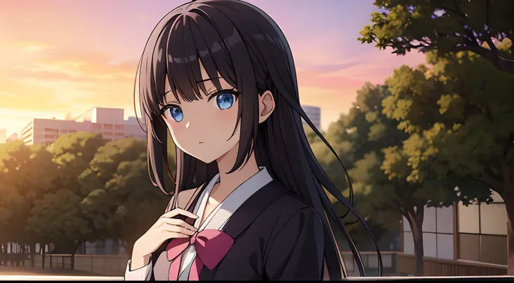 Girl with bangs and a pink flower on the right side of her hair, black hair and blue eyes, a black tie and a Japanese school uniform, in the background an orange sunset and several trees