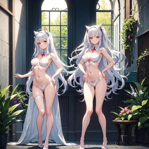 Masterpiece, Superior quality, Ultra-detailed, 8k drawing under CG unity, A cute and innocent anime girl，Waist-length silvery-white hair，red pupils，White lace underwear，White lace panties，tabi，Accentuate petite and seductive breasts，A coquettish look，Uncom...