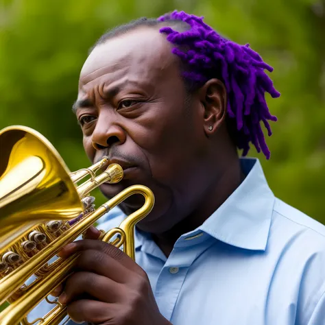 A man with purple skin and a patch over his right eye playing a trumpet.