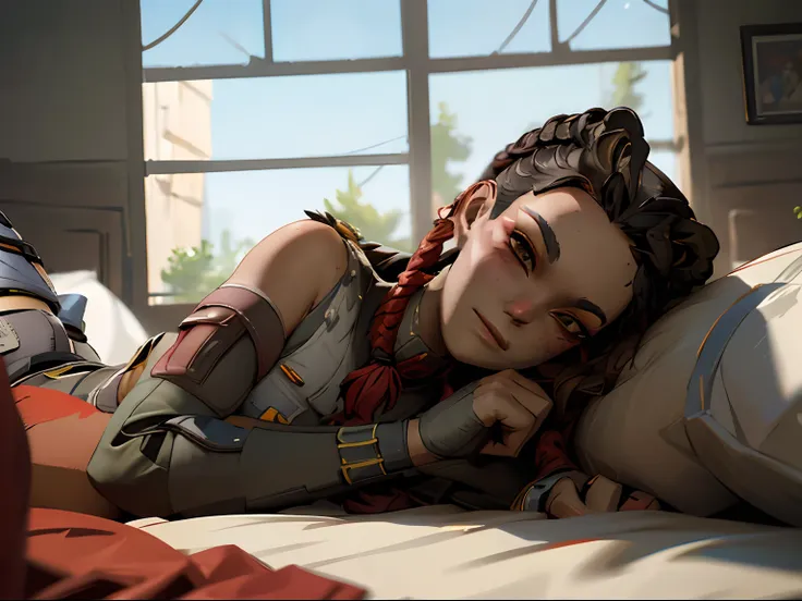 high quality, best quality, highly detailed illustration of loba from apex legends lying down in bed, undressed