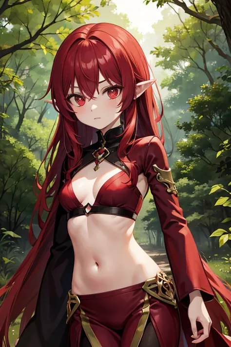 Skinny young dryad with red eyes and crimson hair in the middle of the forest