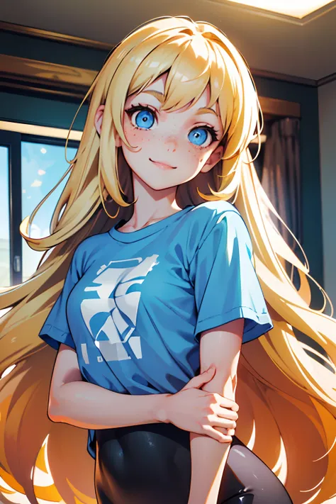 (best-quality:0.8), (best-quality:0.8), 1girl, very pale skin, long blonde hair, curly hair, light blue eyes, feminine, freckles, petite, skinny, oversized tshirt, indoors, bright lighting, smiling, looking up at viewer, closeup, black leggings